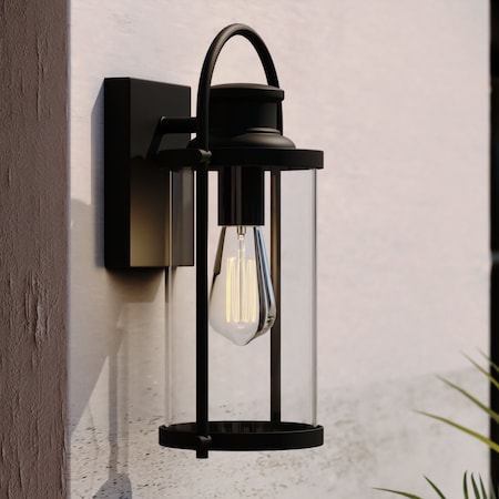 Vaxcel Winfield 1 Light Dusk to Dawn Matte Black Outdoor Wall Lantern Clear Cylinder Glass T0685
